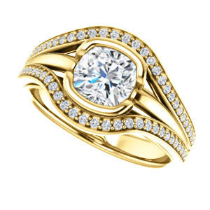 Cubic Zirconia Engagement Ring- The Magdalena Oha (Customizable Bezel-set Cushion Cut Style with Wide Tri-split Pavé Band)