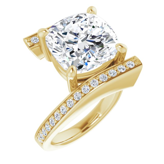 10K Yellow Gold Customizable Faux-Bar-set Cushion Cut Design with Accented Bypass Band