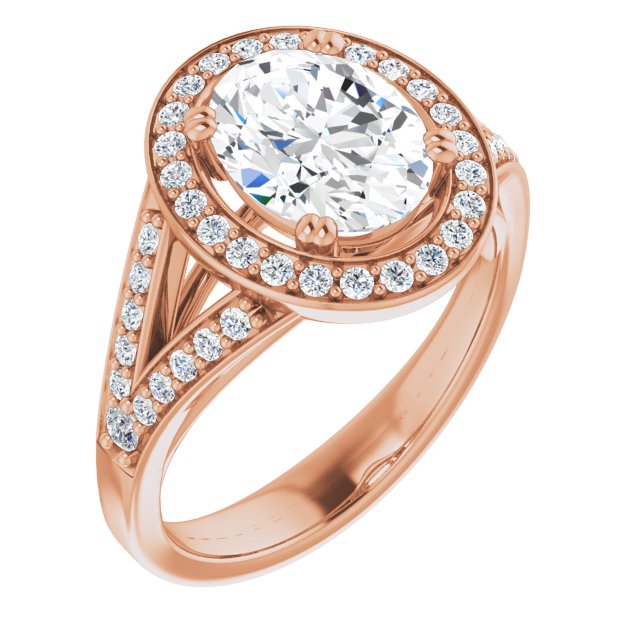 10K Rose Gold Customizable Cathedral-set Oval Cut Style with Accented Split Band and Halo