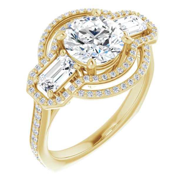 10K Yellow Gold Customizable Enhanced 3-stone Style with Round Cut Center, Emerald Cut Accents, Double Halo and Thin Shared Prong Band
