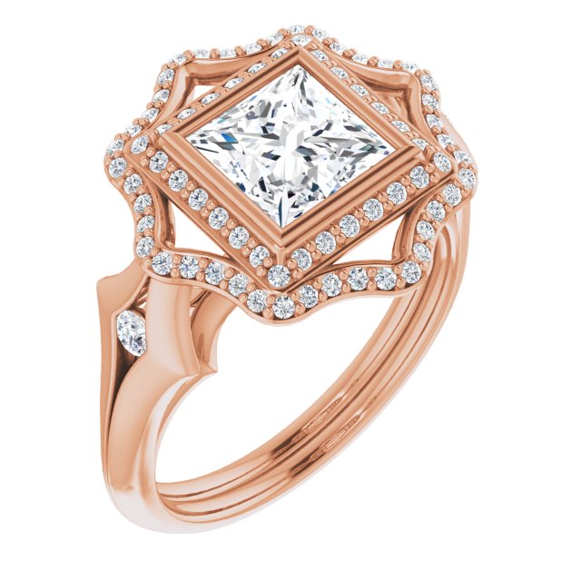 10K Rose Gold Customizable Cathedral-bezel Princess/Square Cut Design with Floral Double Halo and Channel-Accented Split Band