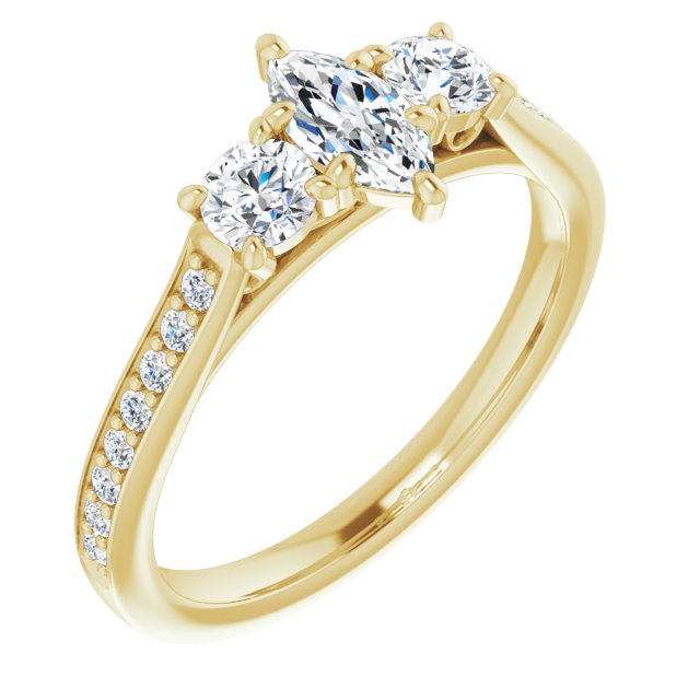 10K Yellow Gold Customizable Marquise Cut Cathedral Setting with Filigree Design and Shared Prong Band