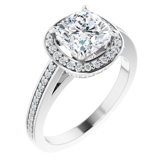 Cubic Zirconia Engagement Ring- The Roseanne (Customizable Cathedral-set Cushion Cut Design with Halo, Thin Shared Prong Band & Round-Bezel Peekaboos)