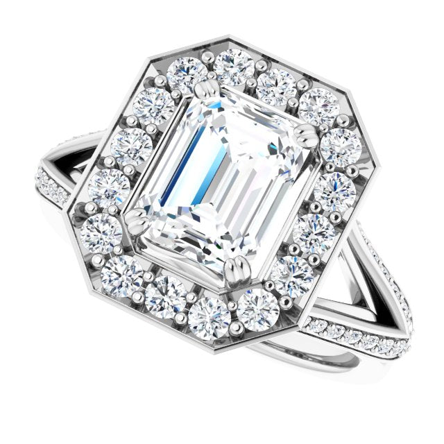 Cubic Zirconia Engagement Ring- The Darsha (Customizable Emerald Cut Center with Large-Accented Halo and Split Shared Prong Band)