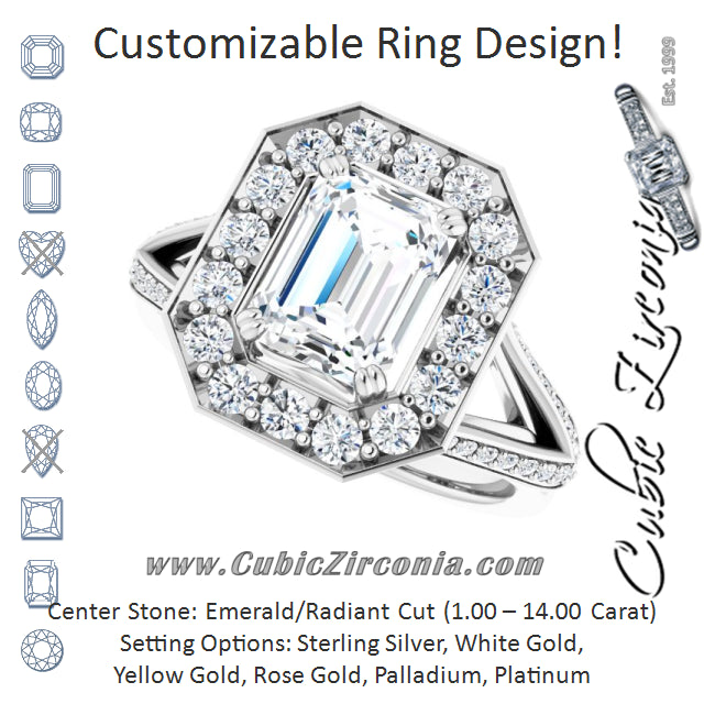 Cubic Zirconia Engagement Ring- The Darsha (Customizable Radiant Cut Center with Large-Accented Halo and Split Shared Prong Band)