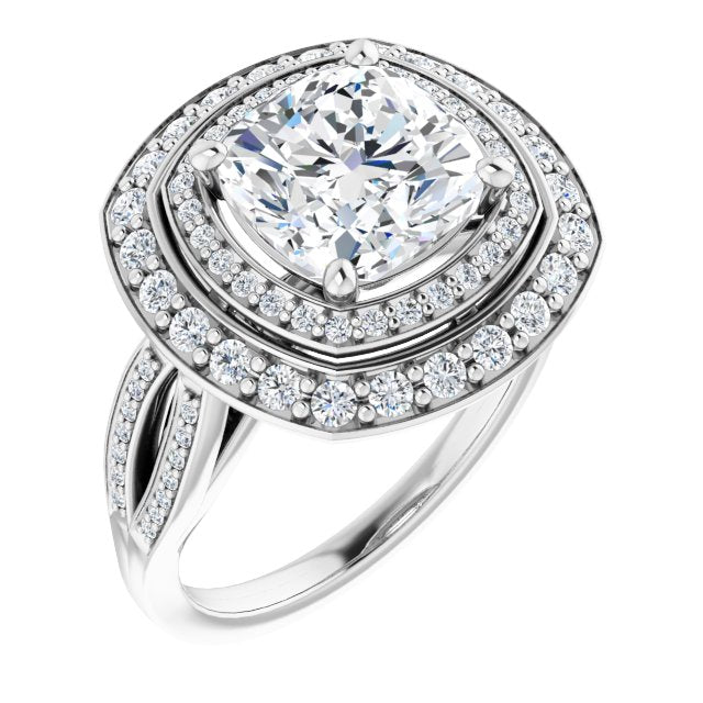 10K White Gold Customizable Cathedral-style Cushion Cut Design with Double Halo & Split-Pavé Band