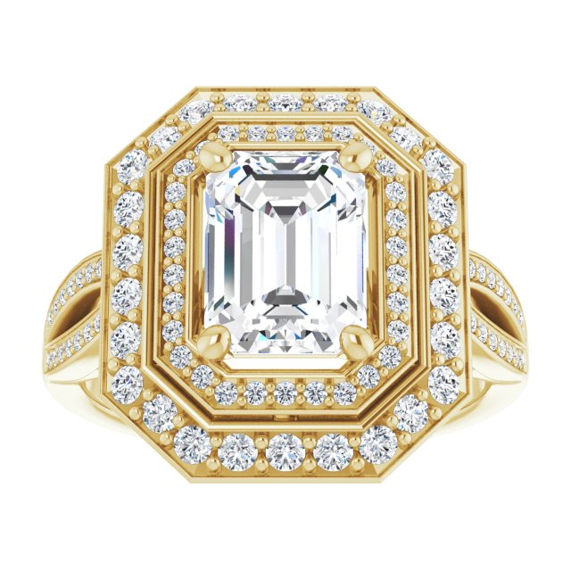 Cubic Zirconia Engagement Ring- The Henrika (Customizable Cathedral-style Radiant Cut Design with Double Halo & Split-Pavé Band)