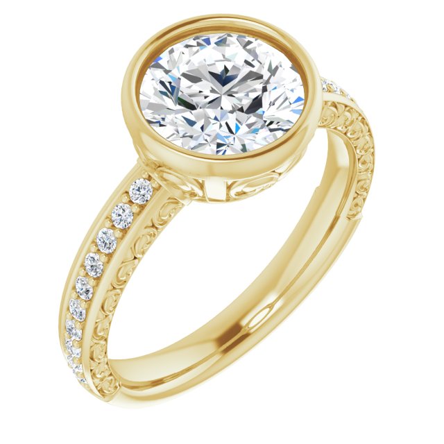 14K Yellow Gold Customizable Bezel-set Round Cut Design with Cloud-pattern Band & Semi-Eternity Accents