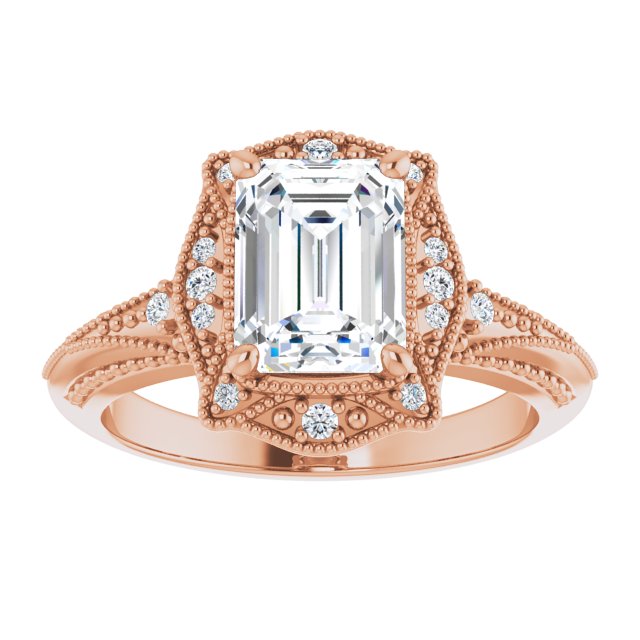 Cubic Zirconia Engagement Ring- The Ashton (Customizable Vintage Emerald Cut Design with Beaded Milgrain and Starburst Semi-Halo)