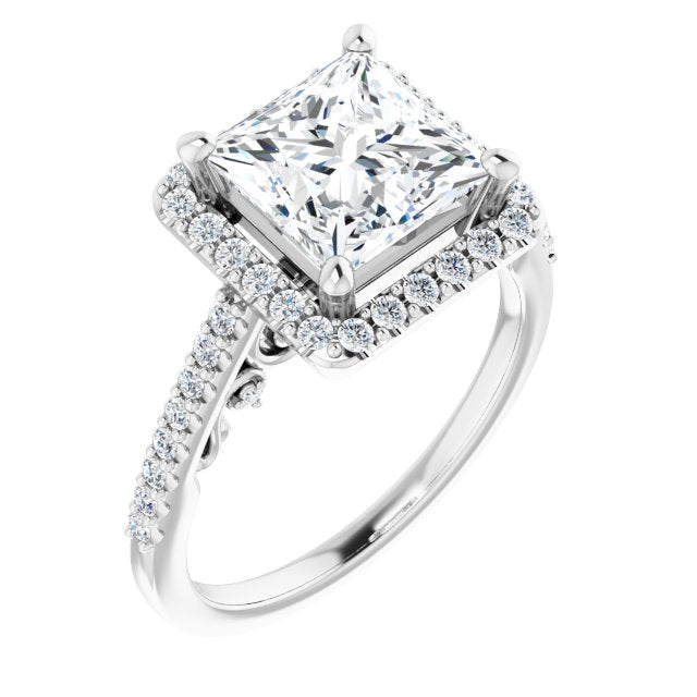Cubic Zirconia Engagement Ring- The Aiko (Customizable Cathedral-Halo Princess/Square Cut Design with Carved Metal Accent plus Pavé Band)