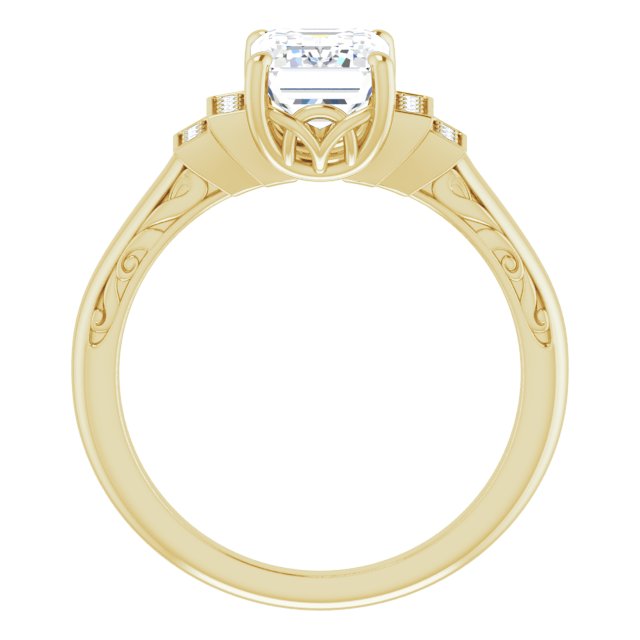Cubic Zirconia Engagement Ring- The Brynhild (Customizable Engraved Design with Radiant Cut Center and Perpendicular Band Accents)