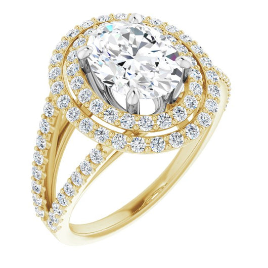 14K Yellow & White Gold Customizable Oval Cut Design with Double Halo and Wide Split-Pavé Band