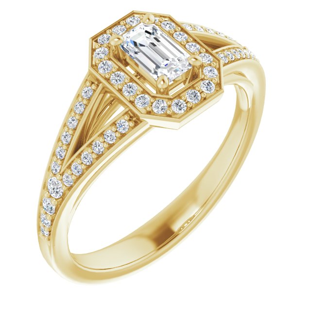 10K Yellow Gold Customizable Cathedral-Halo Emerald/Radiant Cut Style featuring Split-Shared Prong Band