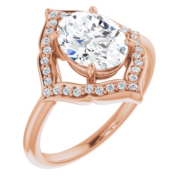 10K Rose Gold Customizable Oval Cut Style with Artistic Equilateral Halo and Ultra-thin Band