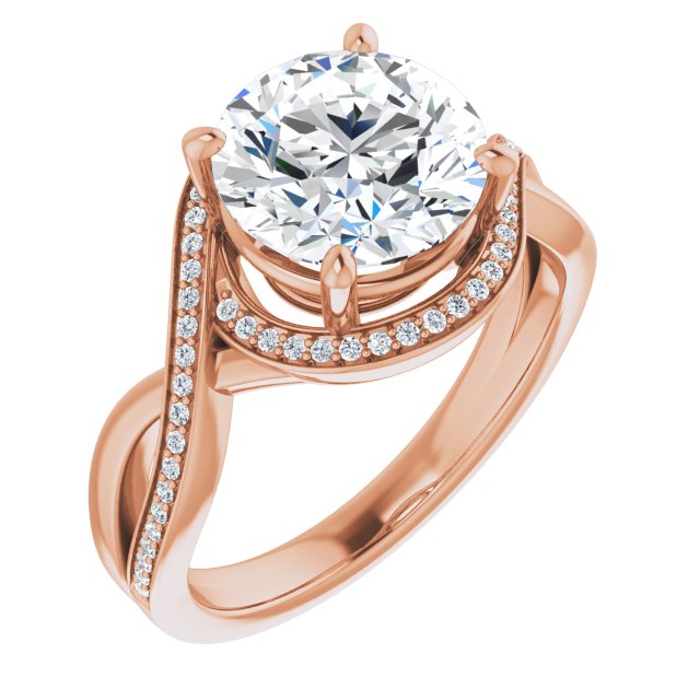 14K Rose Gold Customizable Bypass-Halo-Accented Round Cut Center with Twisting Split Shared Prong Band