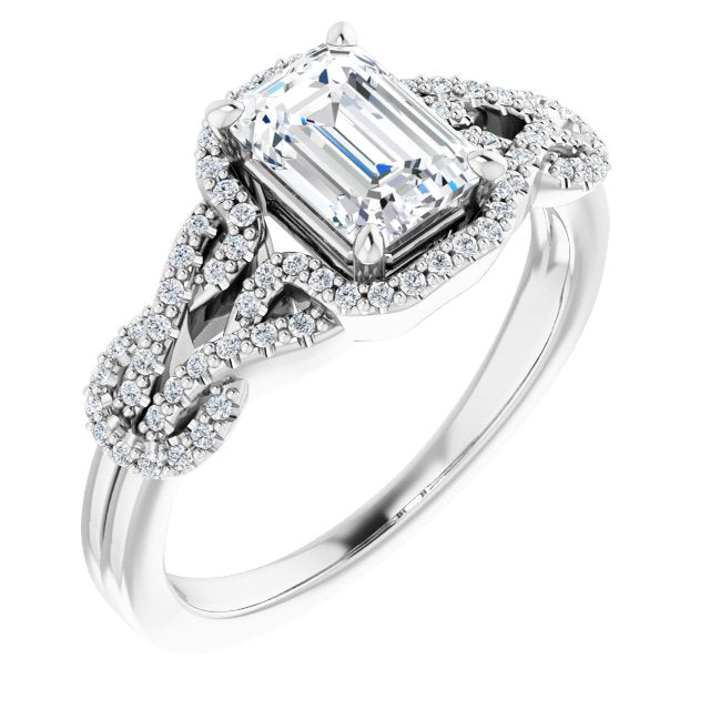 10K White Gold Customizable Emerald/Radiant Cut Design with Intricate Over-Under-Around Pavé Accented Band