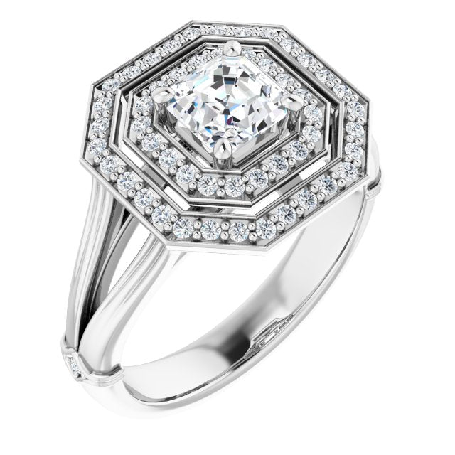 10K White Gold Customizable Cathedral-set Asscher Cut Design with Double Halo, Wide Split Band and Side Knuckle Accents