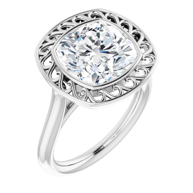 10K White Gold Customizable Cathedral-Bezel Style Cushion Cut Solitaire with Flowery Filigree