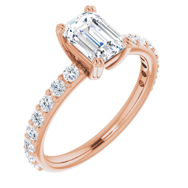 10K Rose Gold Customizable Emerald/Radiant Cut Design with Large Round Cut 3/4 Band Accents