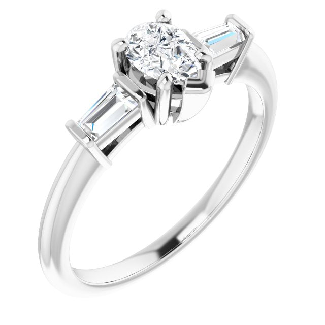 10K White Gold Customizable 3-stone Pear Cut Design with Dual Baguette Accents)