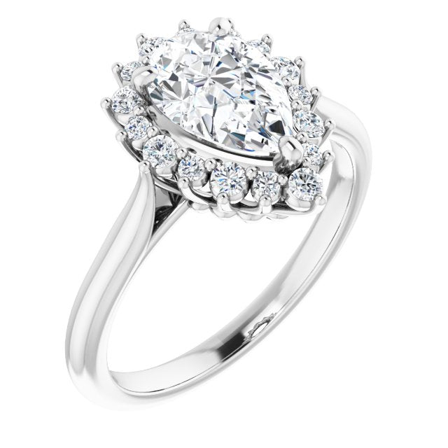 10K White Gold Customizable Crown-Cathedral Pear Cut Design with Clustered Large-Accent Halo & Ultra-thin Band