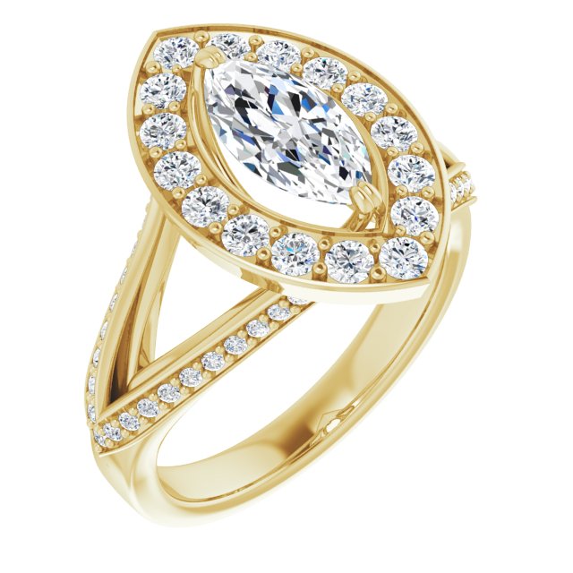 10K Yellow Gold Customizable Marquise Cut Center with Large-Accented Halo and Split Shared Prong Band