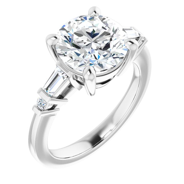 10K White Gold Customizable 5-stone Baguette+Round-Accented Round Cut Design)