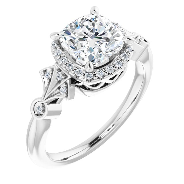 Cubic Zirconia Engagement Ring- The Zhee (Customizable Cathedral-Crown Cushion Cut Design with Halo and Scalloped Side Stones)