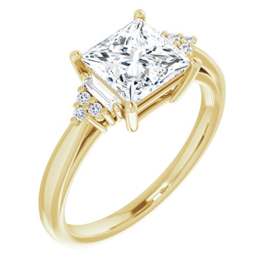 10K Yellow Gold Customizable 9-stone Design with Princess/Square Cut Center, Side Baguettes and Tri-Cluster Round Accents