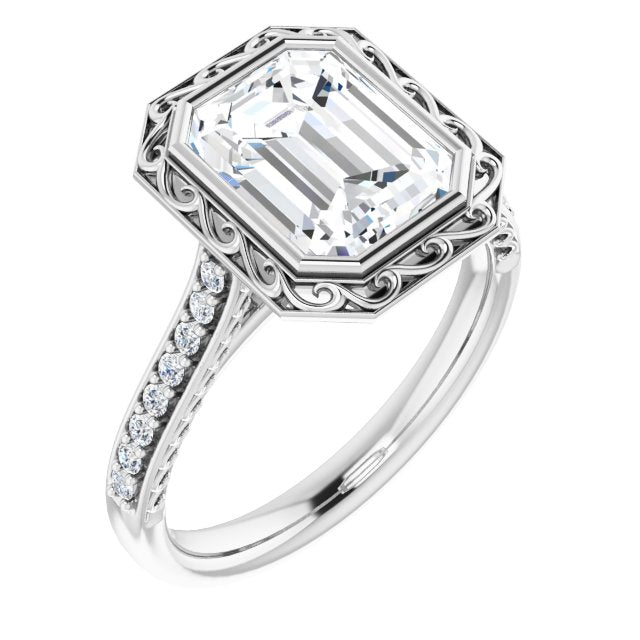 10K White Gold Customizable Cathedral-Bezel Emerald/Radiant Cut Design featuring Accented Band with Filigree Inlay