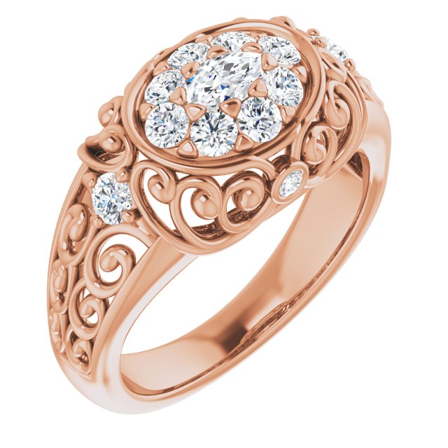 10K Rose Gold Customizable Marquise Cut Halo Style with Round Prong Side Stones and Intricate Metalwork