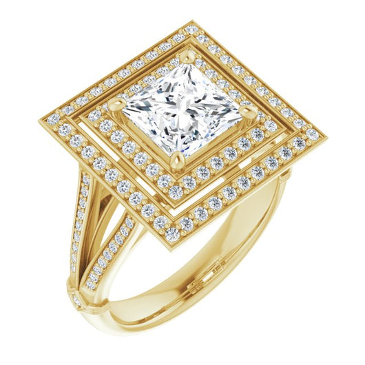 10K Yellow Gold Customizable Cathedral-set Princess/Square Cut Design with Double Halo, Wide Split-Shared Prong Band and Side Knuckle Accents