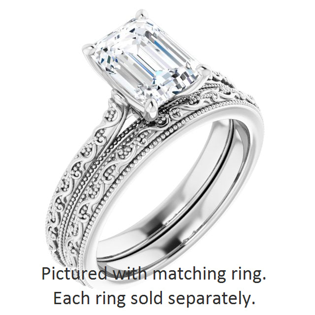 Cubic Zirconia Engagement Ring- The Conchita (Customizable Emerald Cut Solitaire with Delicate Milgrain Filigree Band)