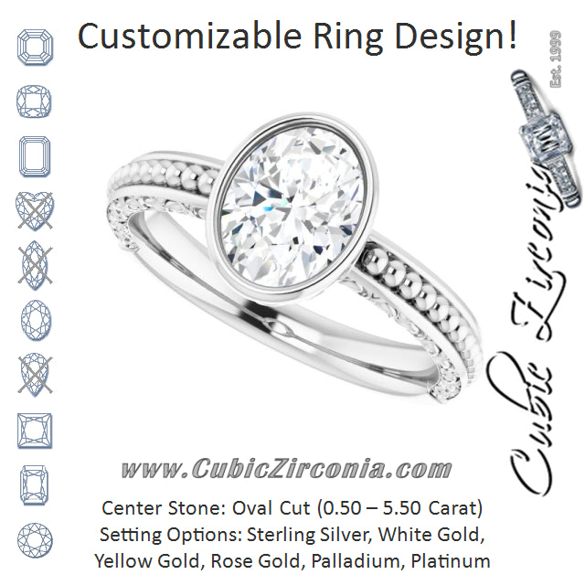 Cubic Zirconia Engagement Ring- The Cheyenne (Customizable Bezel-set Oval Cut Solitaire with Beaded and Carved Three-sided Band)