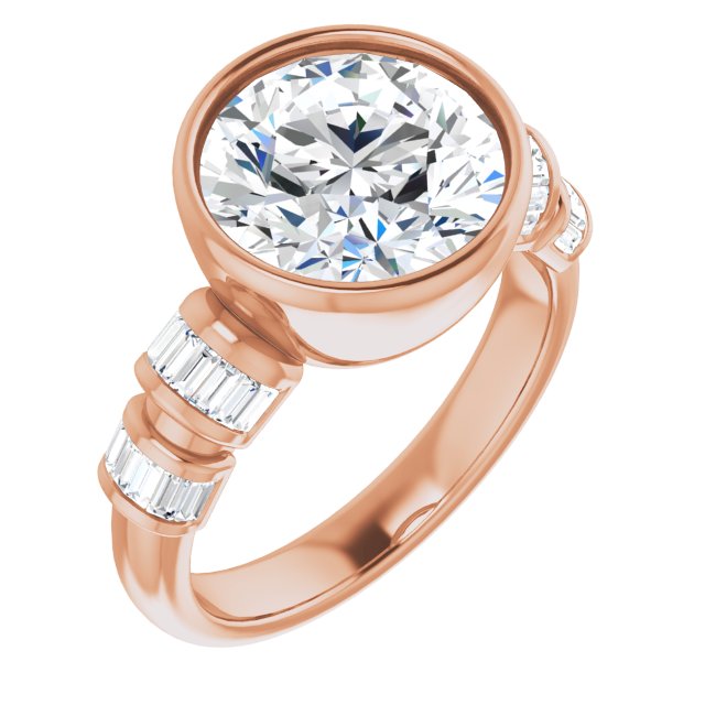 10K Rose Gold Customizable Bezel-set Round Cut Design with Quad Horizontal Band Sleeves of Baguette Accents