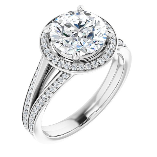 Cubic Zirconia Engagement Ring- The Carrie (Customizable Round Cut Design with Split-Band Shared Prong & Halo)