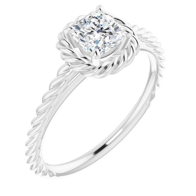 10K White Gold Customizable Cathedral-set Cushion Cut Solitaire with Thin Rope-Twist Band