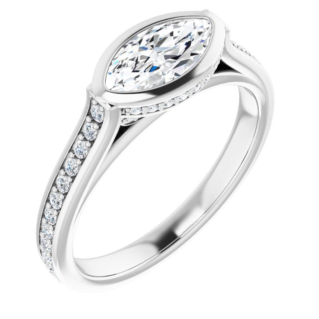 10K White Gold Customizable Cathedral-Bezel Marquise Cut Design with Under Halo and Shared Prong Band