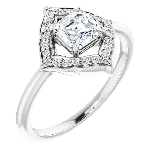 10K White Gold Customizable Asscher Cut Style with Artistic Equilateral Halo and Ultra-thin Band