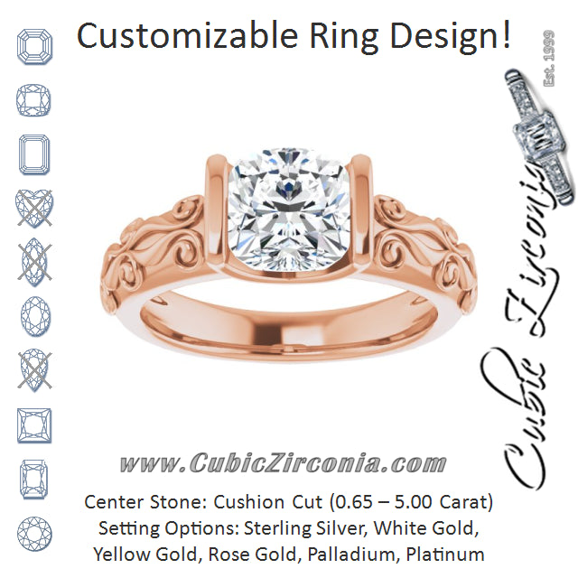 Cubic Zirconia Engagement Ring- The Cora (Customizable Bar-set Cushion Cut Setting featuring Organic Band)