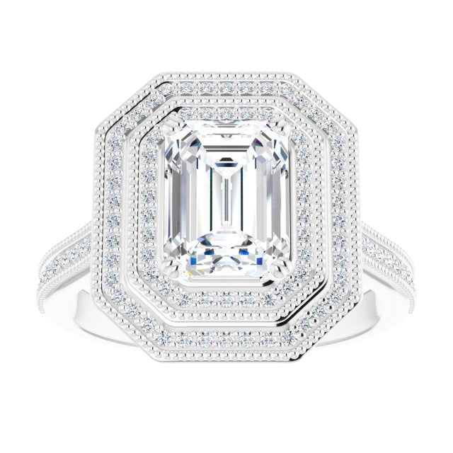 Cubic Zirconia Engagement Ring- The Aubriella (Customizable Radiant Cut Design with Elegant Double Halo, Houndstooth Milgrain and Band-Channel Accents)