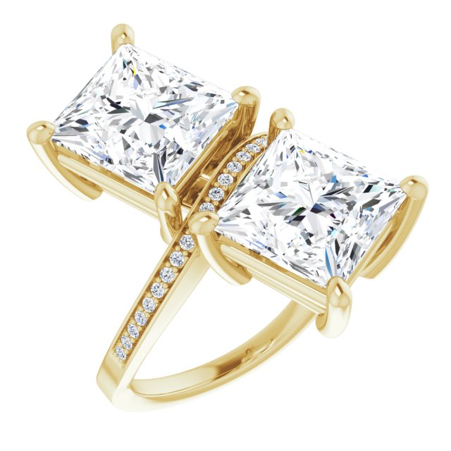 10K Yellow Gold Customizable 2-stone Princess/Square Cut Bypass Design with Thin Twisting Shared Prong Band