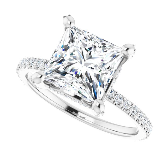 Cubic Zirconia Engagement Ring- The Maleny (Customizable Princess/Square Cut Design with Round-Accented Band, Micropavé Under-Halo and Decorative Prong Accents))