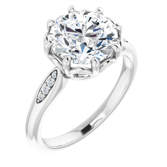 14K White Gold Customizable 9-stone Round Cut Design with 8-prong Decorative Basket & Round Cut Side Stones