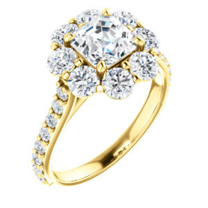 Cubic Zirconia Engagement Ring- The Temeka (Customizable Cathedral-Asscher Cut Style featuring Large-Accent Floral Cluster Halo and Thin Pavé Band)