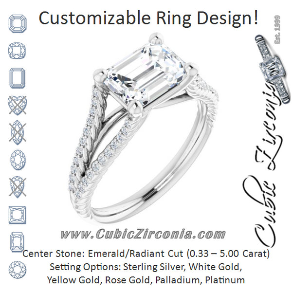 Cubic Zirconia Engagement Ring- The Contessa (Customizable Radiant Cut Style with Split Band and Rope-Pavé)
