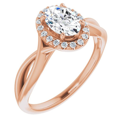 10K Rose Gold Customizable Cathedral-Halo Oval Cut Design with Twisting Split Band