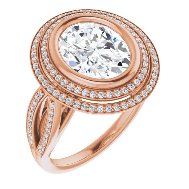 10K Rose Gold Customizable Bezel-set Oval Cut Style with Double Halo and Split Shared Prong Band
