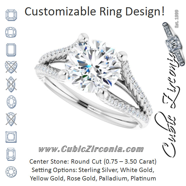 Cubic Zirconia Engagement Ring- The Contessa (Customizable Round Cut Style with Split Band and Rope-Pavé)