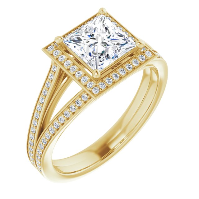 10K Yellow Gold Customizable Princess/Square Cut Design with Split-Band Shared Prong & Halo
